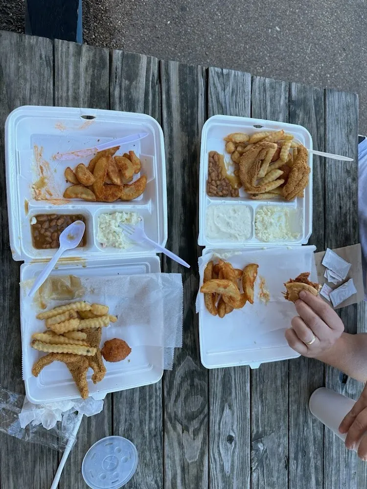 Catfish Coleslaw Baked Beans Pulled Pork Sandwich Tater Babies